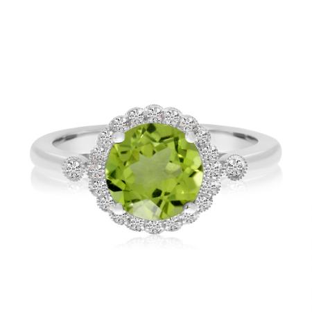 14K White Gold Round Peridot and Diamond Halo Ring