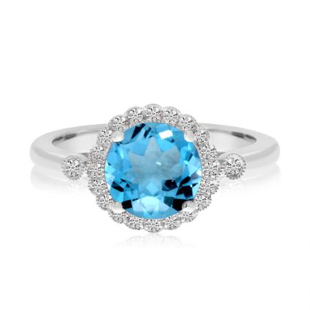 14K White Gold Round Blue Topaz and Diamond Halo Ring