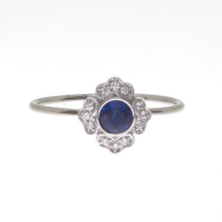 14K White Gold Filigree Round Sapphire and Diamond Ring