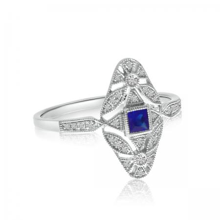 14K White Gold Filigree Princess Cut Sapphire and Diamond Ring