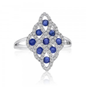 14K White Gold Lightweight Precious 9 Stone Sapphire and Diamond Ring