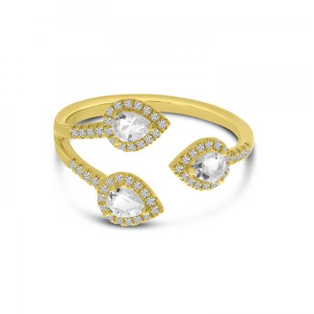 14K Yellow Gold Trio Pear White Topaz and Diamond Ring