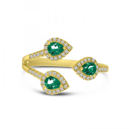 14K Yellow Gold Trio Pear Emerald and Diamond Ring