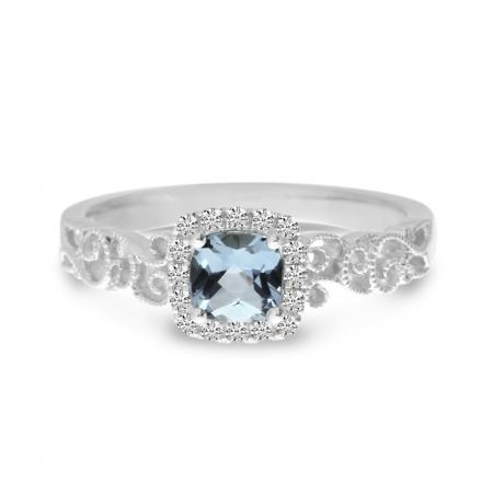 14K White Gold Cushion Aquamarine and Diamond Halo Ring