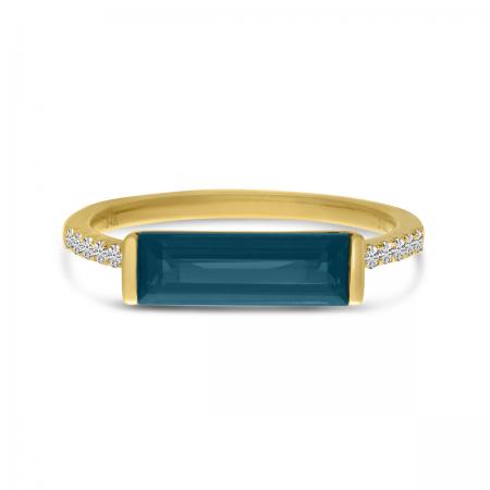 14K Yellow Gold Elongated Emerald Cut London Blue Topaz and Diamond East to West Ring