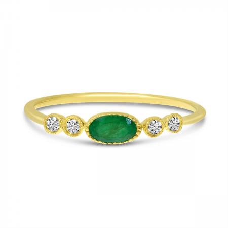 14K Yellow Gold Oval Emerald and Diamond Stackable Precious Ring