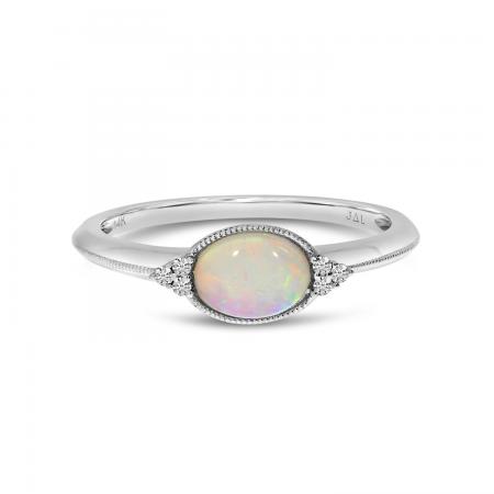 14K White Gold Oval Opal East to West and Diamond Millgrain Ring