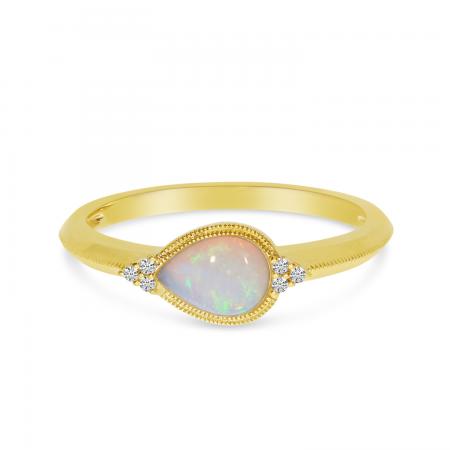14K Yellow Gold Semi Pear Opal and Diamond Millgrain East West Ring