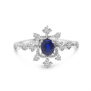 14K White Gold Oval Sapphire and Diamond Burst Ring