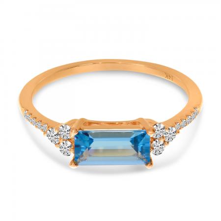 14K Rose Gold East West Octagon Blue Topaz and Diamond Semi Precious Ring