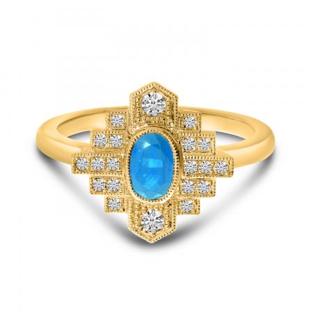 14K Yellow Gold Oval Blue Topaz and Diamond Art Deco Ring