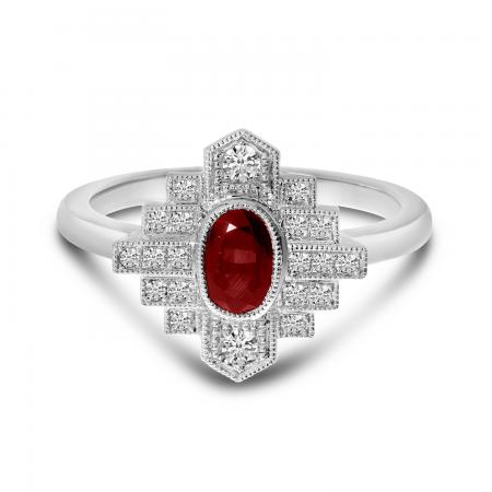 14K White Gold Oval Garnet and Diamond Art Deco Ring