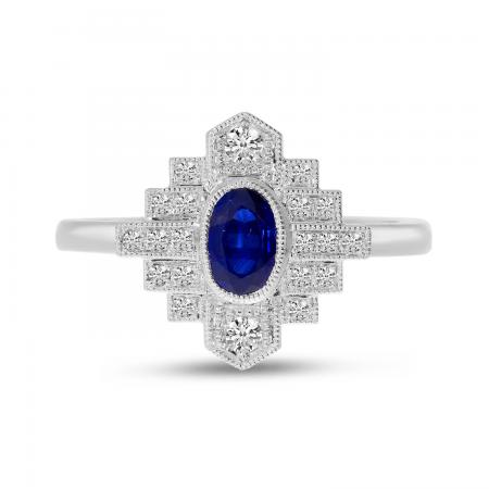 14K White Gold Oval Sapphire and Diamond Art Deco Ring