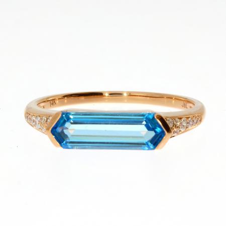 14K Rose Gold Hexagon Blue Topaz and Diamond East to West Ring