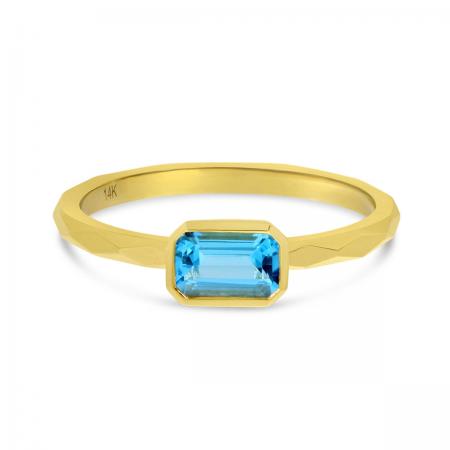 14K Yellow Gold Octagon Blue Topaz East to West Ring