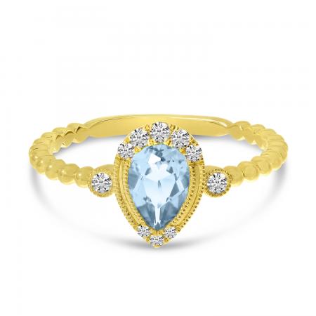 14K Yellow Gold Pear Aquamarine and Diamond Ball Band Ring