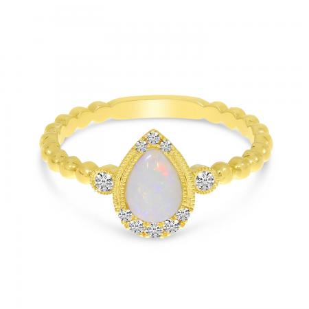 14K Yellow Gold Pear Opal with Diamond Millgrain Semi Precious Ring