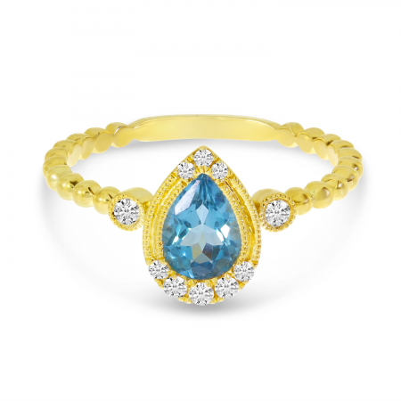 14K Yellow Gold Pear Blue Topaz and Diamond Beaded Band Semi Precious Ring