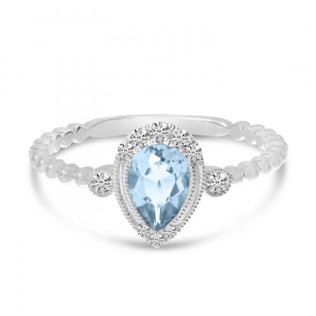 14K White Gold Pear Aquamarine and Diamond Ball Band Ring