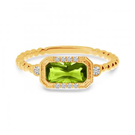 14K Yellow Gold Octagon Peridot and Diamond Semi Precious Beaded Band Ring