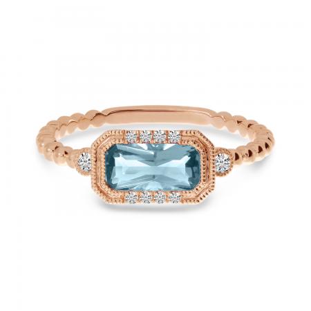 14K Rose Gold Octagon Aquamarine and Diamond Semi Precious Beaded Band Ring