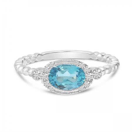 14K White Gold Oval Aquamarine and Diamond East to West Ball Band Ring