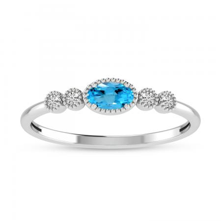 10K White Gold Oval Blue Topaz and Diamond Stackable Ring