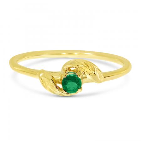 10K Yellow Gold 3mm Round Emerald Birthstone Leaf Ring