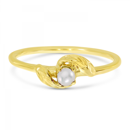 14K Yellow Gold 3mm Round Pearl Birthstone Leaf Ring