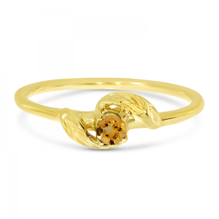 14K Yellow Gold 3mm Round Citrine Birthstone Leaf Ring