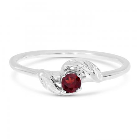 14K White Gold Round Garnet Leaf Birthstone Ring