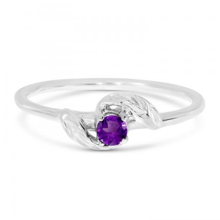 14K White Gold Round Amethyst  Leaf Birthstone Ring