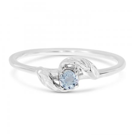 14K White Gold Round Aquamarine Leaf Birthstone Ring