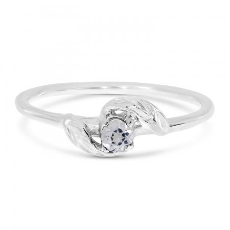 14K White Gold Round White Topaz  Leaf Birthstone Ring