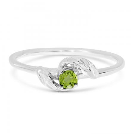 14K White Gold Round Peridot  Leaf Birthstone Ring