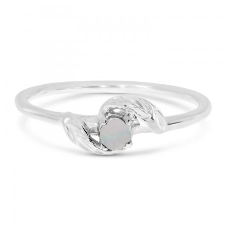 14K White Gold Round Opal Leaf Birthstone Ring