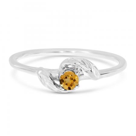 14K White Gold Round Citrine  Leaf Birthstone Ring