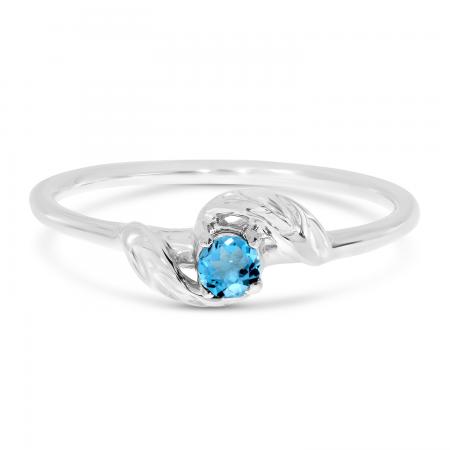 14K White Gold Round Blue Topaz  Leaf Birthstone Ring