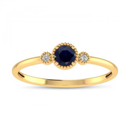 14K Yellow Gold 4mm Round Sapphire Millgrain Birthstone Ring