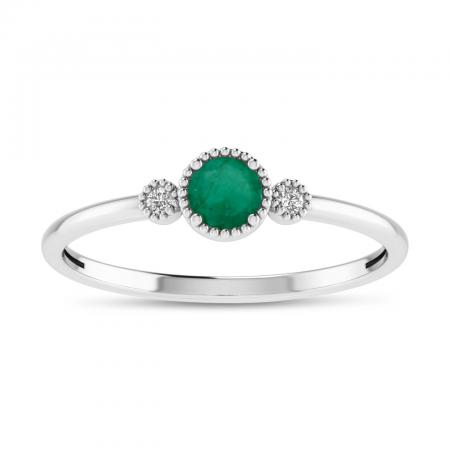 14K White Gold 4mm Round Emerald and Diamond Millgrain Birthstone Ring