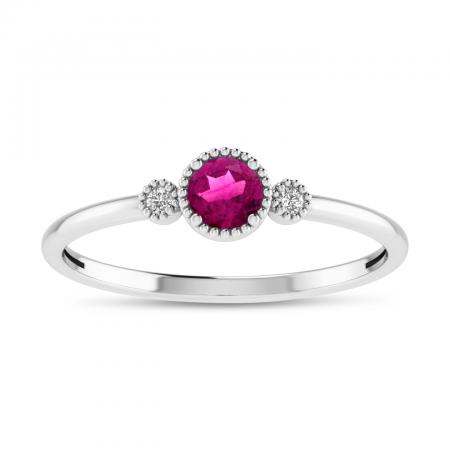 14K White Gold 4mm Round Pink Tourmaline and Diamond Millgrain Birthstone Ring