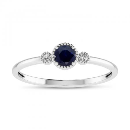 14K White Gold 4mm Round Sapphire and Diamond Millgrain Birthstone Ring