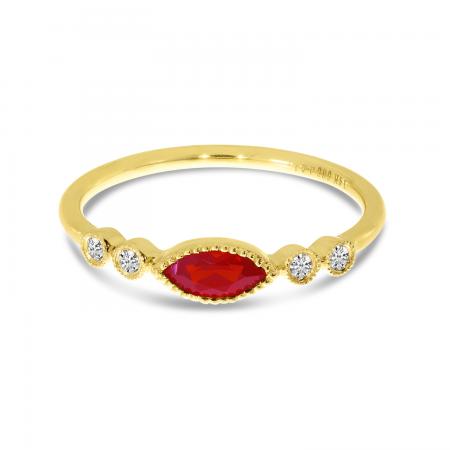 14K Yellow Gold 6x3 mm Marquise Ruby and Diamond Semi Precious Stackable Ring