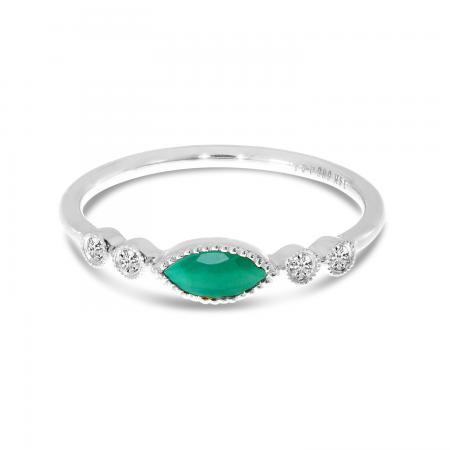 14K White Gold 6x3 mm Marquise Emerald and Diamond Semi Precious Stackable Ring