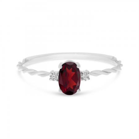 14K White Gold Oval Garnet Birthstone Twisted Band Ring