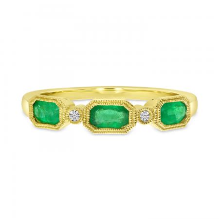 14K Yellow Gold Triple Oval Emerald and Diamond Cushion Ring