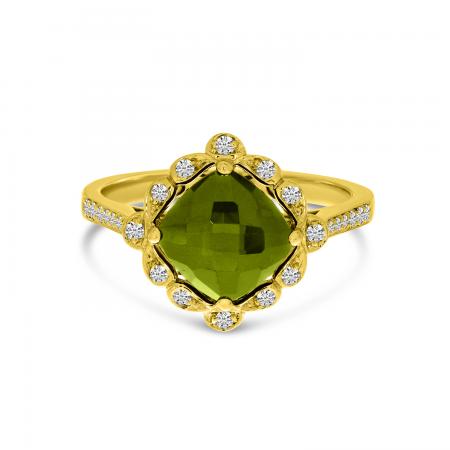 14K Yellow Gold Peridot Cushion & Diamond Band RIng