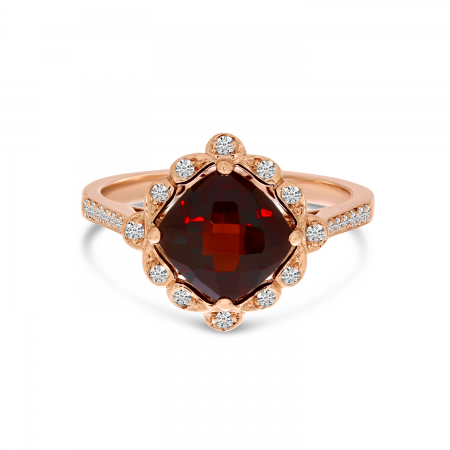 14K Rose Gold Cushion Garnet Flower Ring