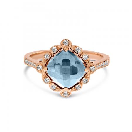 14K Rose Gold Cushion Aquamarine and Diamond Ring