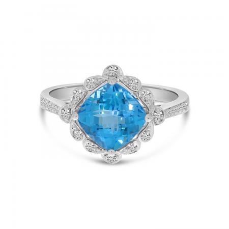 14K White Gold Cushion Blue Topaz and Diamond Ring